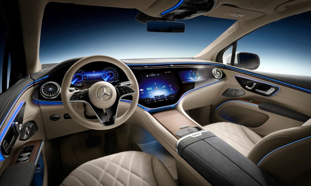 The Cabin Area Mercedes-Benz EQS SUV showcases the large screen of this new electric luxury SUV.