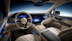The Cabin Area Mercedes-Benz EQS SUV showcases the large screen of this new electric luxury SUV.
