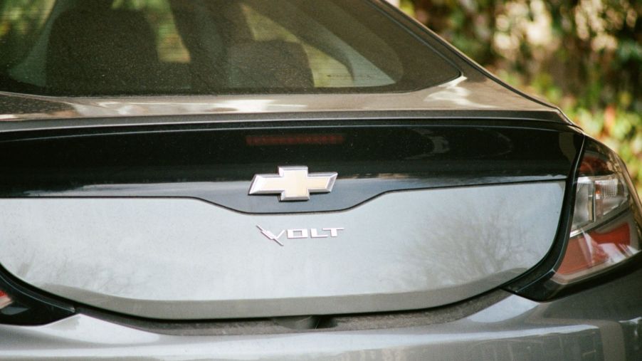 The rear end of a Chevrolet Volt electric sedan seen in Dublin, California