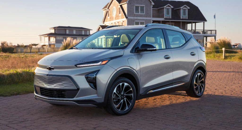 A gray 2022 Chevy Bolt EUV electric SUV is parked outside. 