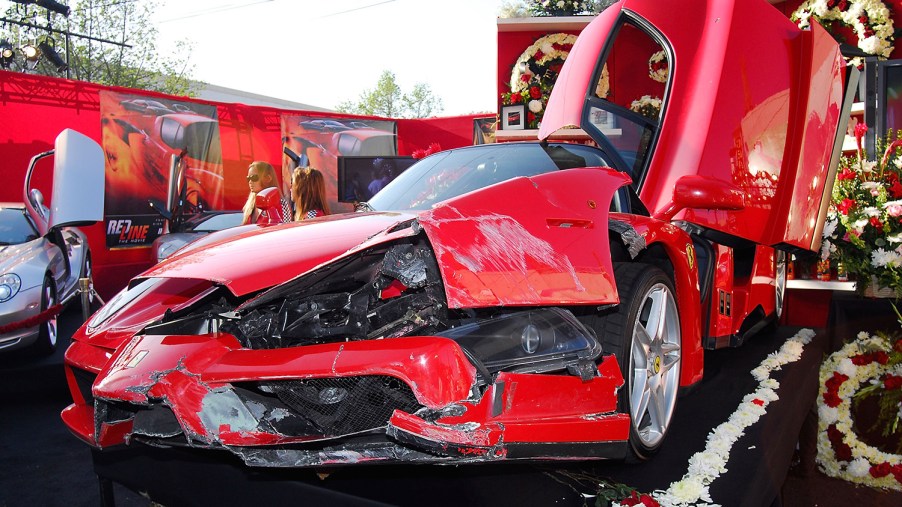 Comedian and Actor Eddie Griffin's crashed 2003 Ferrari Enzo on display at Chinese Theatre