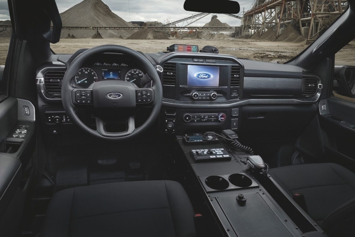The interior of the Ford F-150 Police Responder shows some of the gadgets we can't get. 