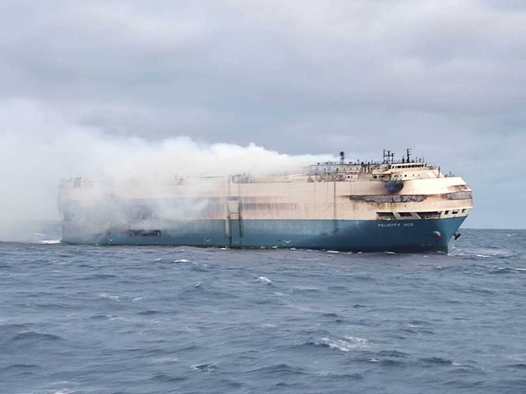 The Felicity Ace, a Ship carrying luxury cars,  is on fire and adrift in the middle of the Atlantic Ocean