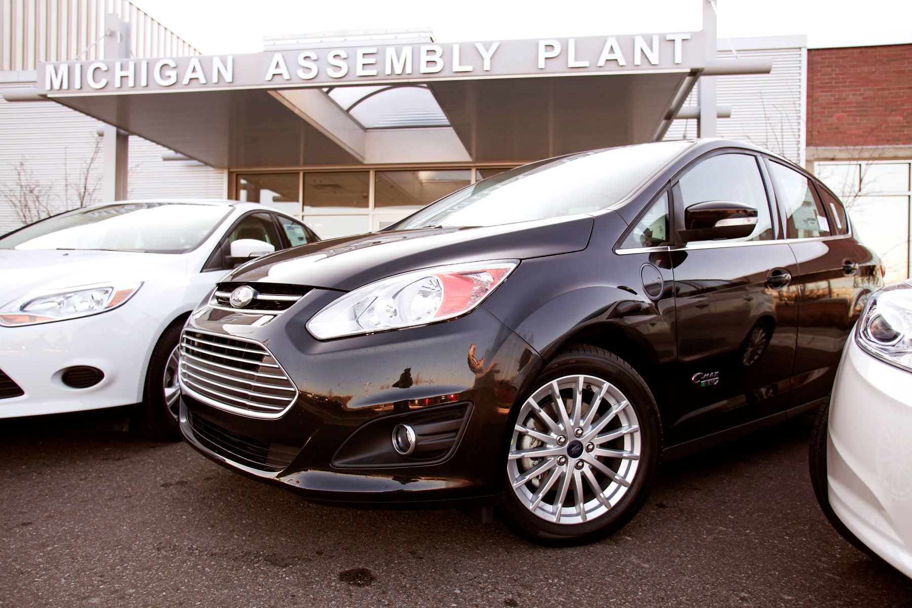 A Ford C-MAX Energi plug-in hybrid model displayed at the Michigan Assembly Plant in Detroit