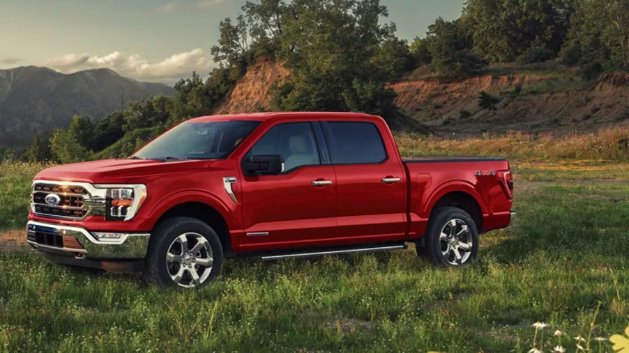 A red 2022 Ford F-150 full-size pickup truck is in a grassy field.
