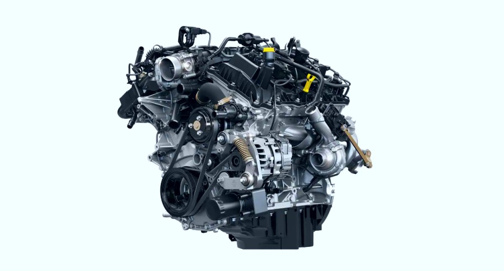 A Ford F-150 3.5 liter PowerBoost Full Hybrid V6 engine. 