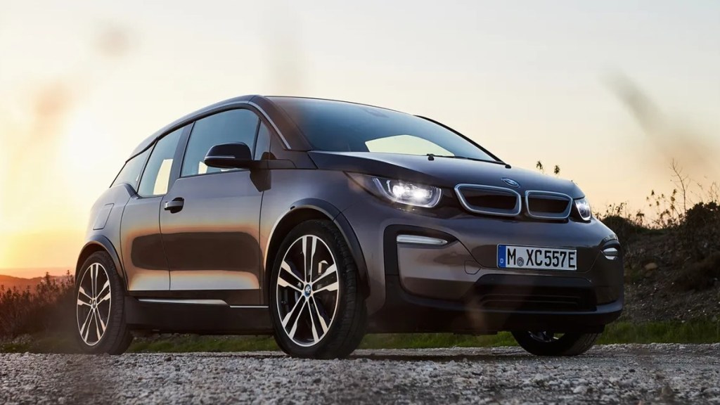 Front angle view of gray 2021 BMW i3, the luxury car that depreciates the most after five years of ownership