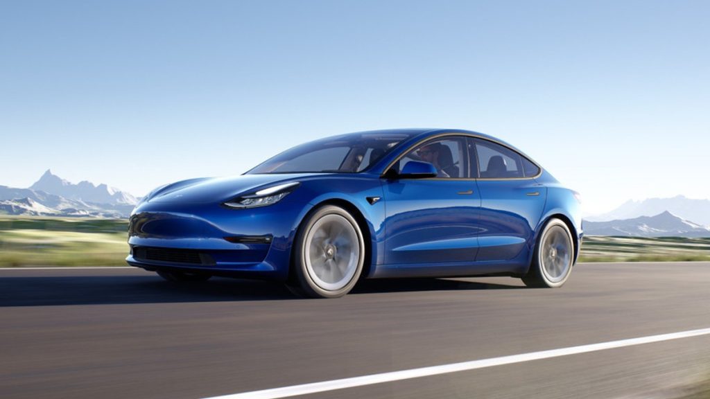 Front angle view of the 2022 Tesla Model 3 Deep Blue Metallic