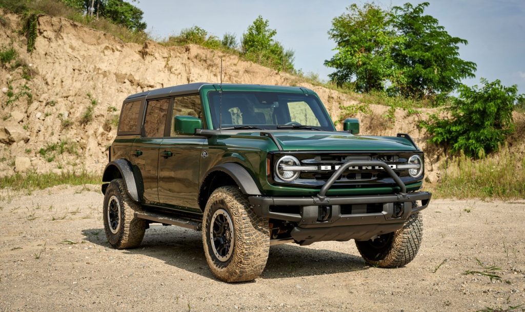 Front angle view of green 2022 Ford Bronco, one of the best SUVs to buy for off-road use in 2022