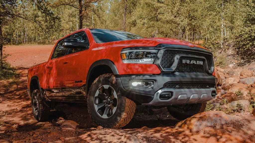 Front angle view of red 2022 Ram 1500, which has a quiet cab according to Consumer Reports