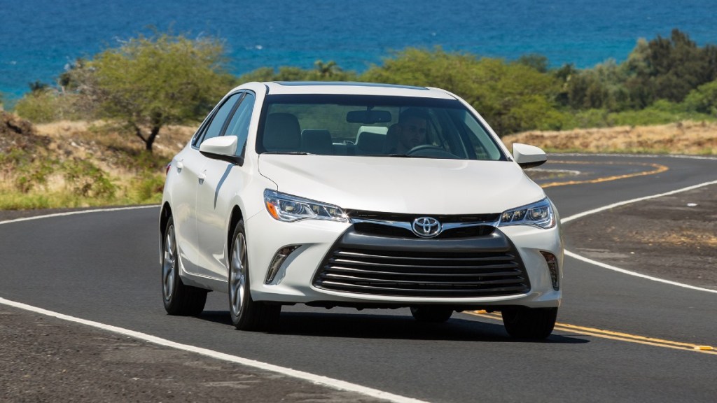 Front angle view of white 2017 Toyota Camry, highlighting how to find the actual value of your car