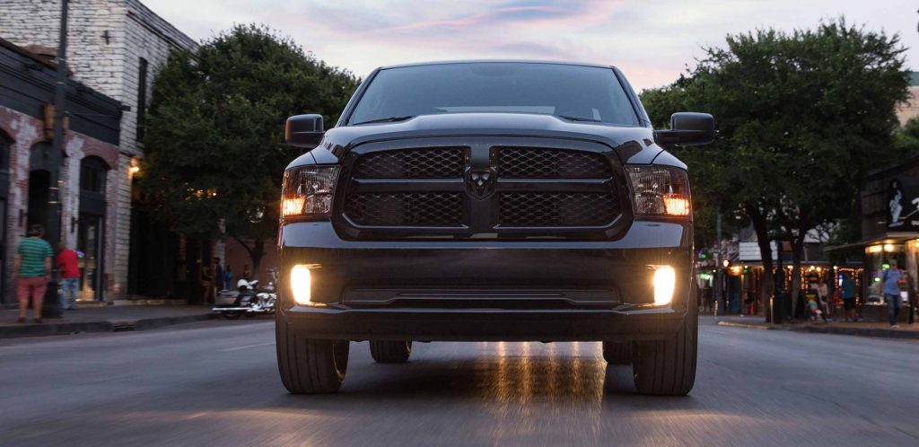 Front view of the dark gray 2022 Ram 1500 Classic, which has a quiet cabin according to Consumer Reports