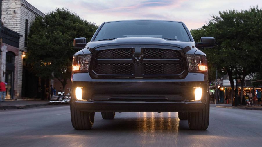 Front view of dark gray 2022 Ram 1500 Classic, which has a quiet cab according to Consumer Reports