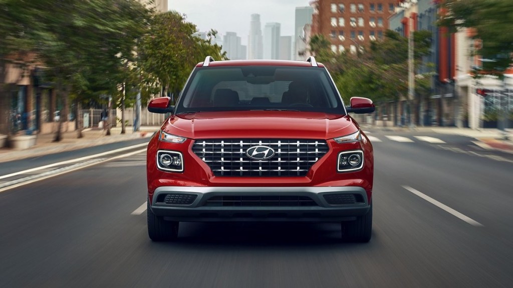 Front view of red 2022 Hyundai Venue, the best bargain SUV to buy for under $20,000 in 2022