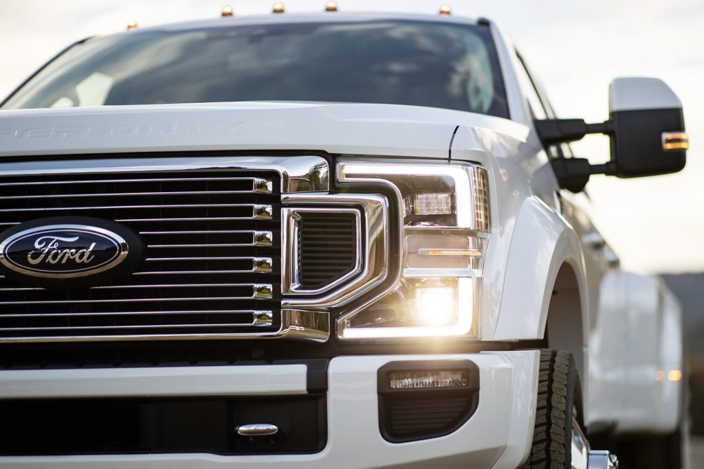Front view of white 2022 Ford F-150, which has the worst Consumer Reports road test score for  full-size pickup trucks