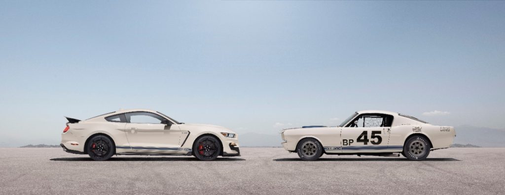 A 2020 Ford Mustang Shelby GT350R its nose to nose with the original 1965 GT350R that inspired it