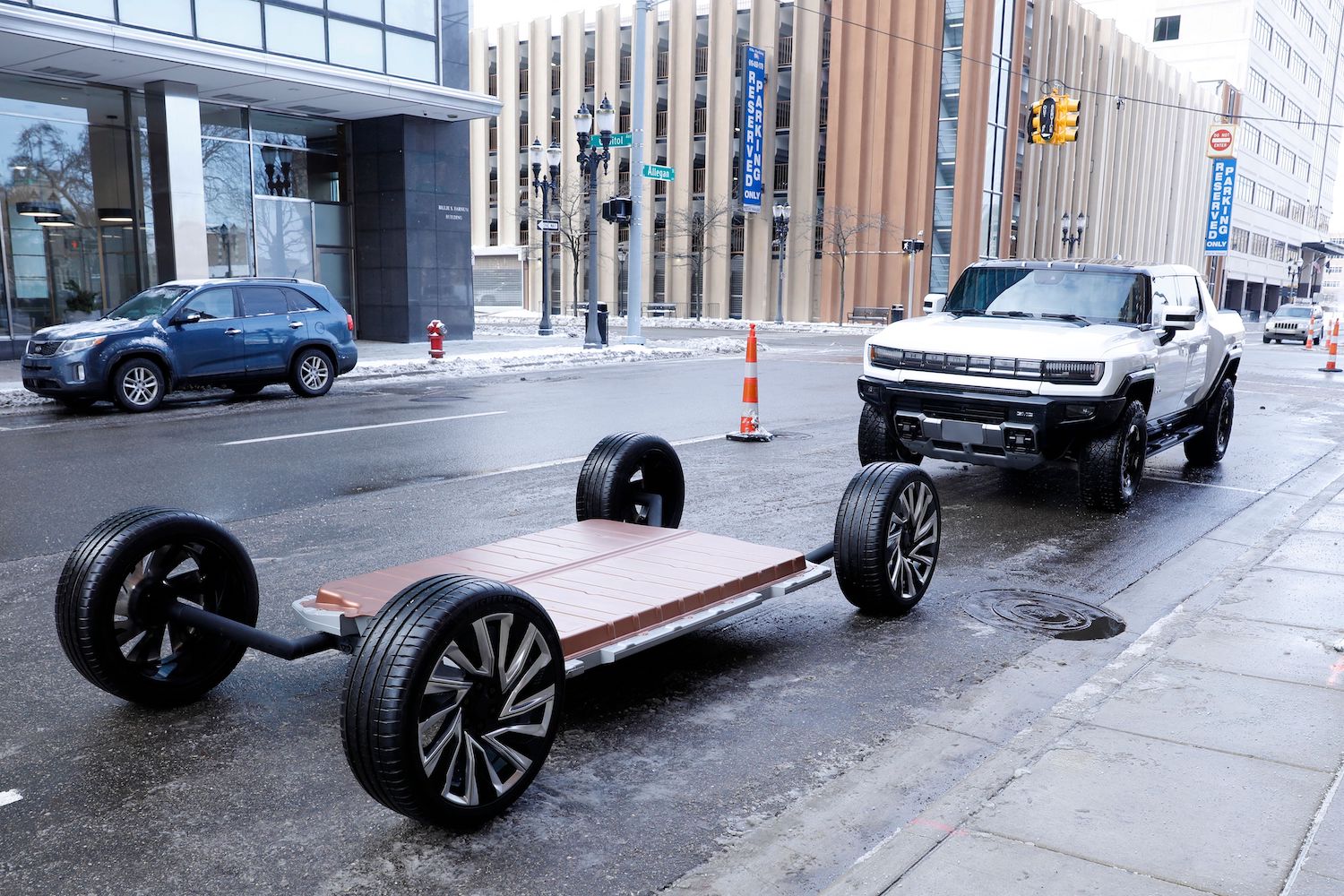 The new GMC Hummer EV and its Ultium battery pack parked on the street in Michigan.