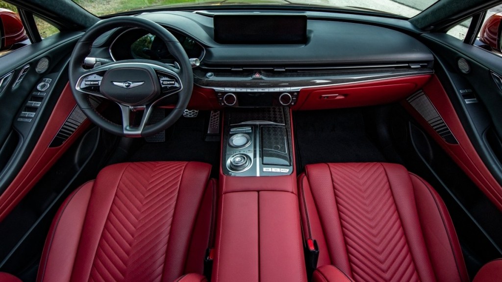 the new 2022 genesis g80 3.5t awd sport prestige is loaded with luxury thanks to unique red leather seating
