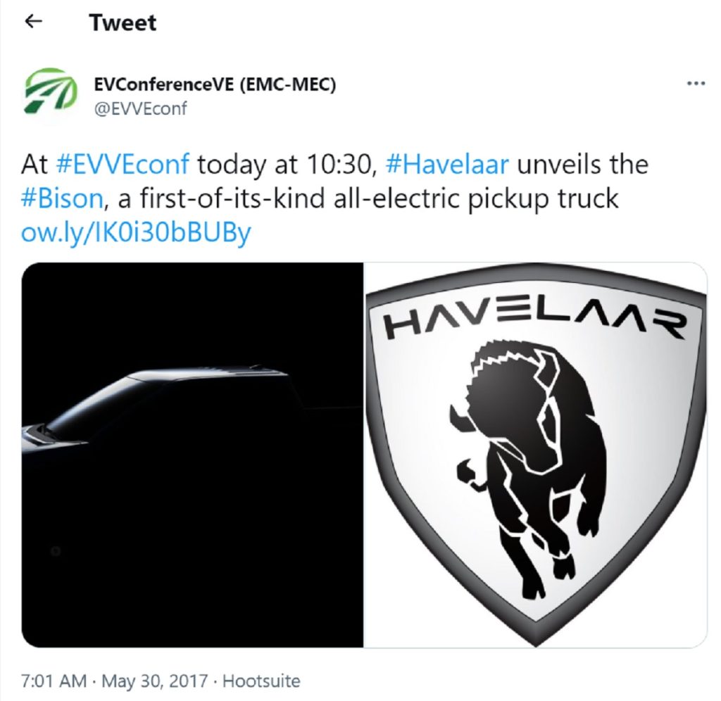 A tweet announcing the launch of the Havlaar Bison truck. 