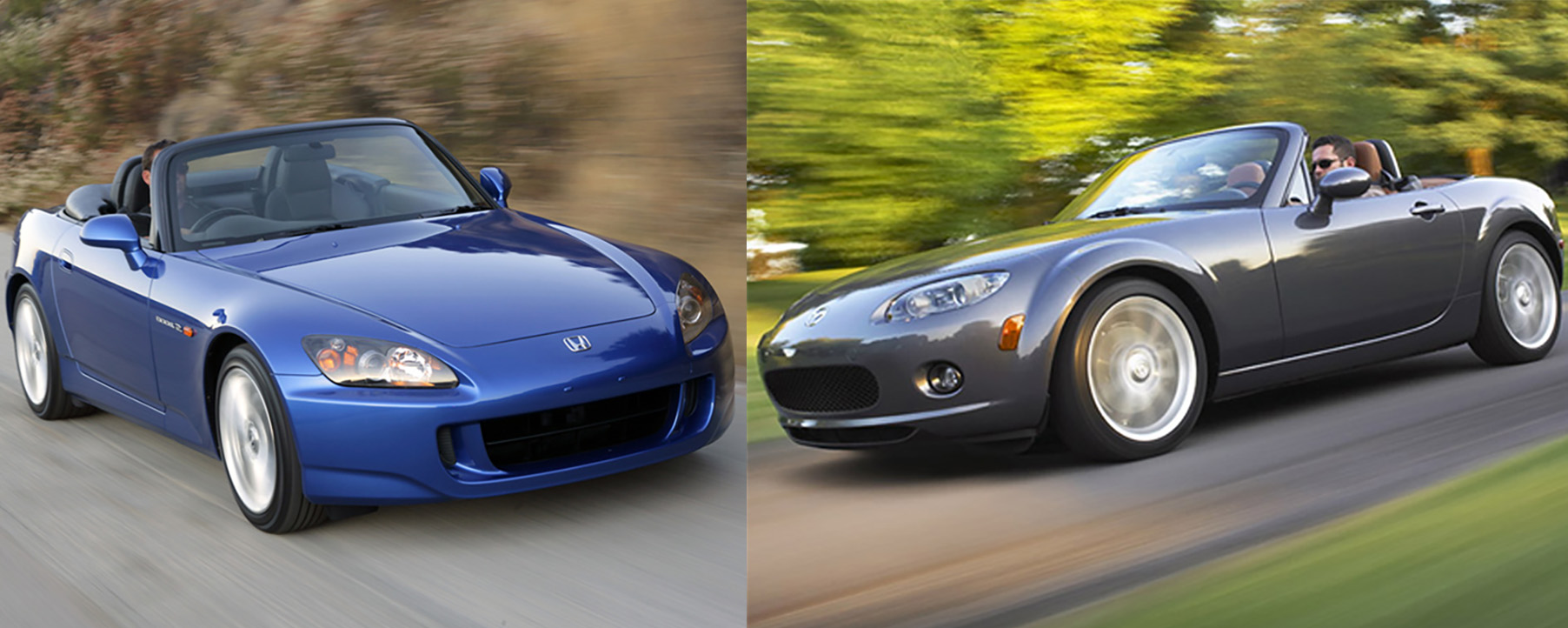 Side by side view of Blue Honda AP2 S2000 and Silver NA Mazda Miata driving down the road
