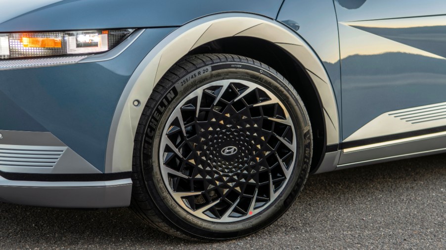 The wheel of a 2022 Hyundai Ioniq 5 electric SUV.