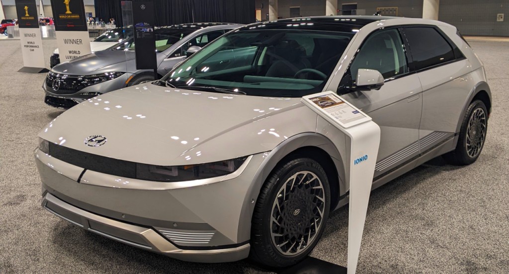 A gray 2022 Hyundai Ioniq 5 electric SUV at the 2022 New York International Auto Show. 