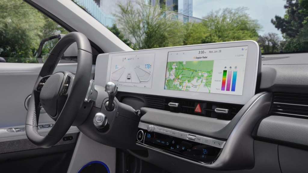 The interior of an EV crossover, the Ioniq 5.