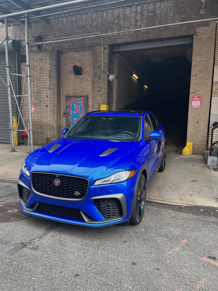 2021 Jaguar F-Pace SVR leaving a parking garage in Manhattan