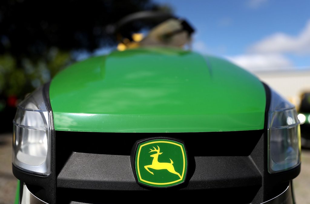 A front end of a John Deere Riding Lawnmower.