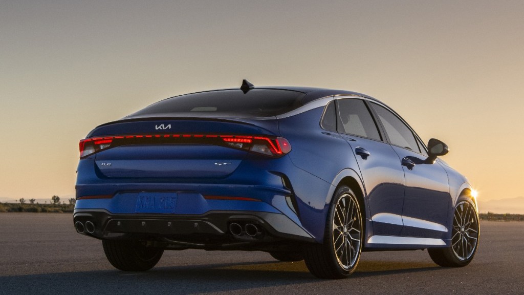 The stylish and sleek rear-end of the new 2022 Kia K5 GT sedan