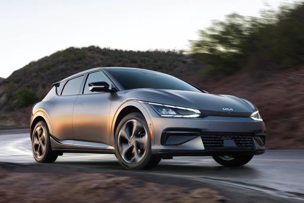 A grey 2022 Kia EV6 demonstrates its performance, thanks to an all-electric powertrain. It is also ready for family life.