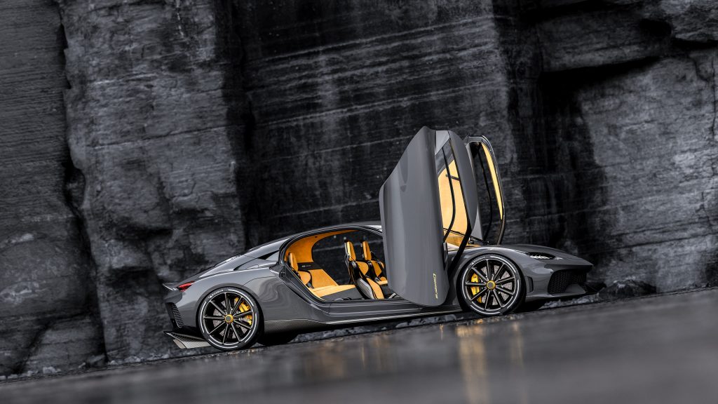 Koenigsegg Gemera in grey with doors open 