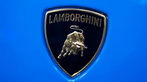 The Lamborghini logo badging on a Lamborghini Huracan model seen at the International Motor Show (IAA) in Germany
