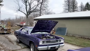 Plymouth Duster barn find in plumb crazy purple Mopar car