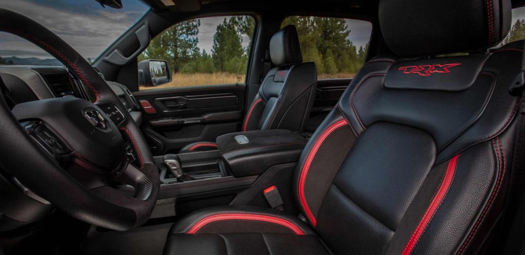 The sporty interior of a 2022 Ram 1500 TRX full-size pickup truck. Luxury interior is one of the standout features.
