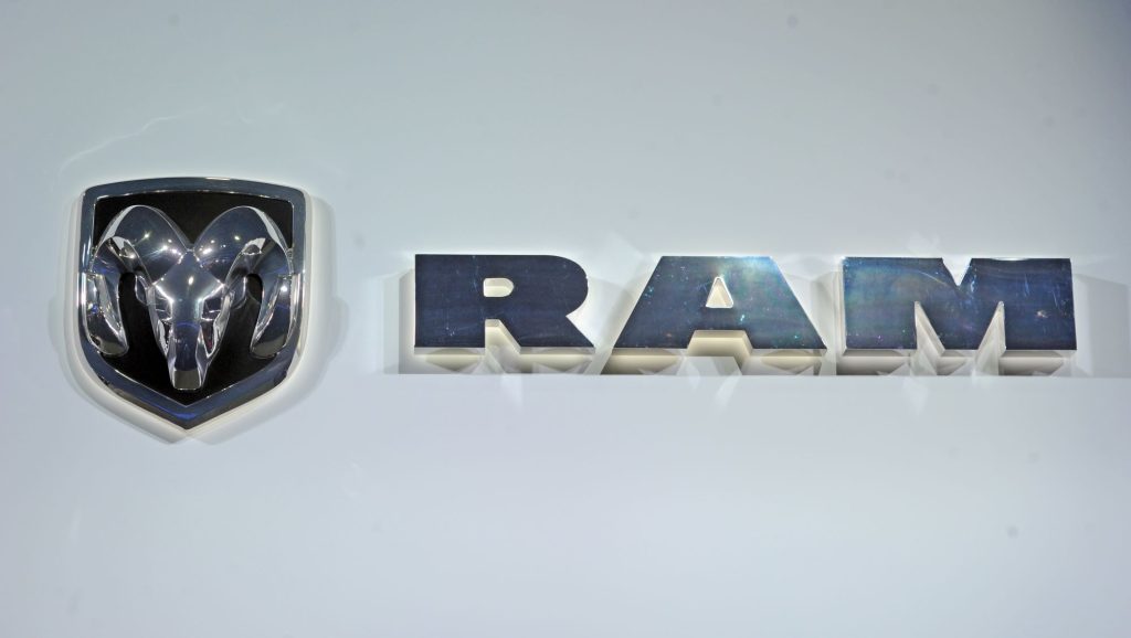A silver Ram logo, makers of the the Ram 1500 Classic, on a white background.