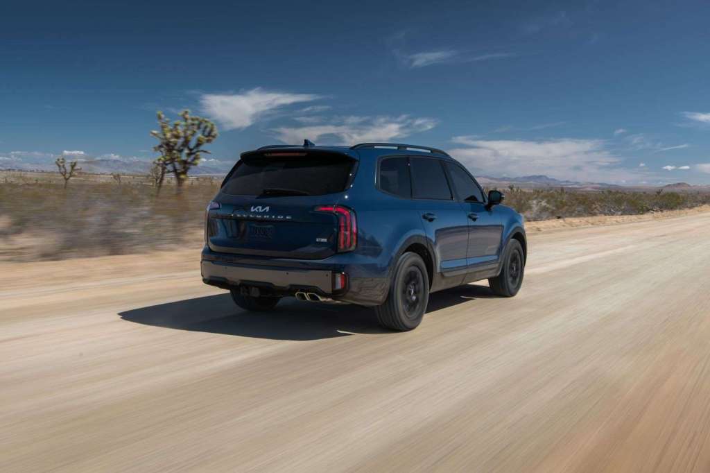 Rear angle view of blue 2023 Kia Telluride, highlighting its release date and price