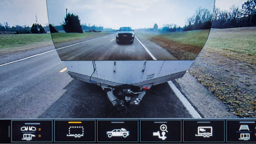 View from the remote camera that virtually creates a view through the trailer while towing with the Chevy Silverado.
