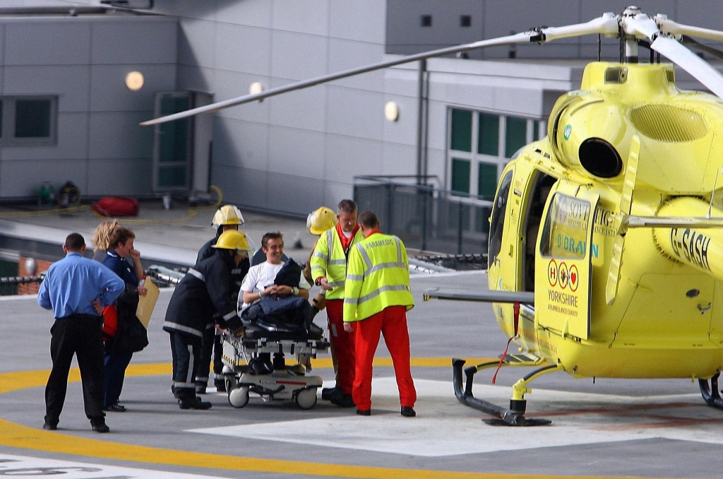 An emergency helicopter delivers Richard Hammond to a hospital in Leeds