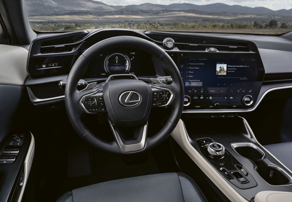 Steering wheel and dashboard in 2023 Lexus RZ, highlighting its release date and price