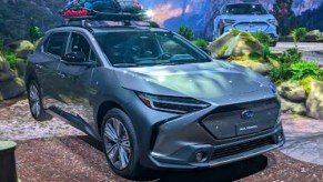 A gray 2023 Subaru Solterra electric SUV at the 2022 NY International Auto Show.