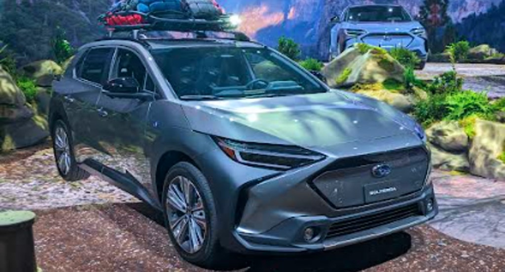 Two Subaru Solterra electric SUVs on display at the 2022 New York International Auto Show. 
