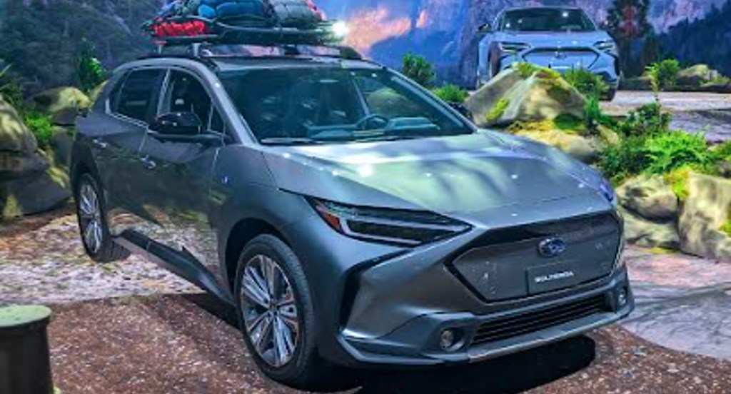 A gray 2023 Subaru Solterra electric SUV at the 2022 NY International Auto Show.