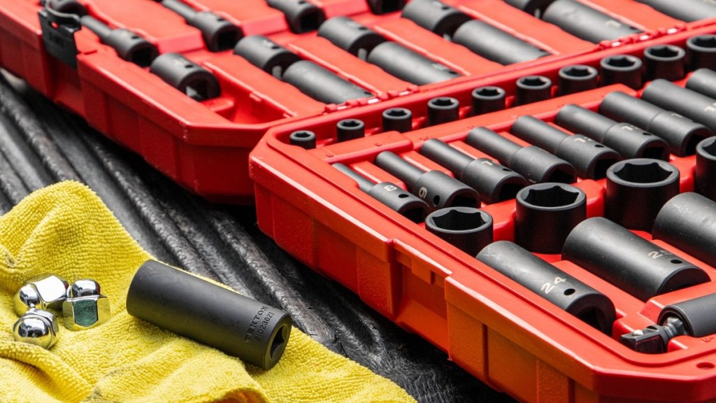 A set of sockets from Tekton Tools which are used during a tire rotation to get the wheels off of your car