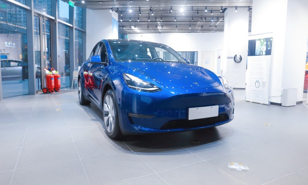 This blue Tesla Model 3 is one of the vehicles you can't purchase at the end of a new lease term.