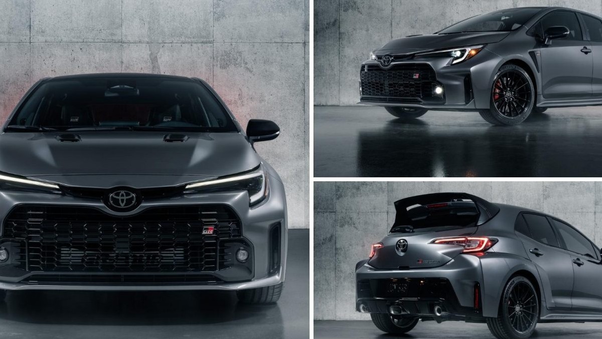 three different pictures showing off the incredible design of the ew 2023 Toyota GR Corolla