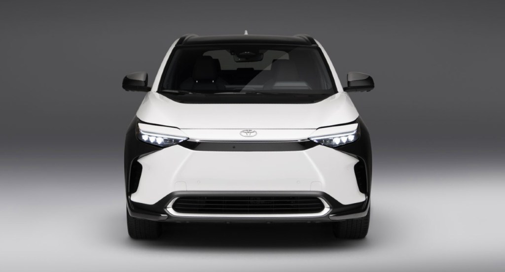 A white 2023 Toyota bZ4X electric SUV.