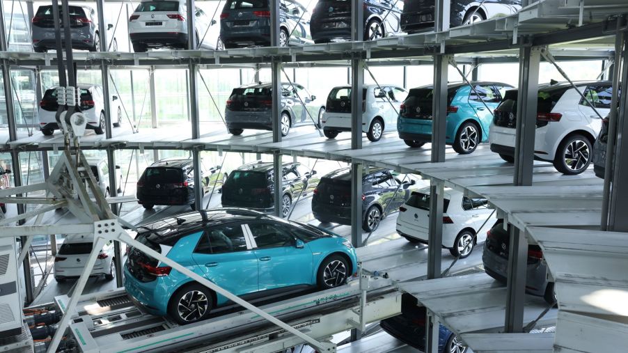 A Volkswagen ID.3 electric car (EV) being stored in a car production garage