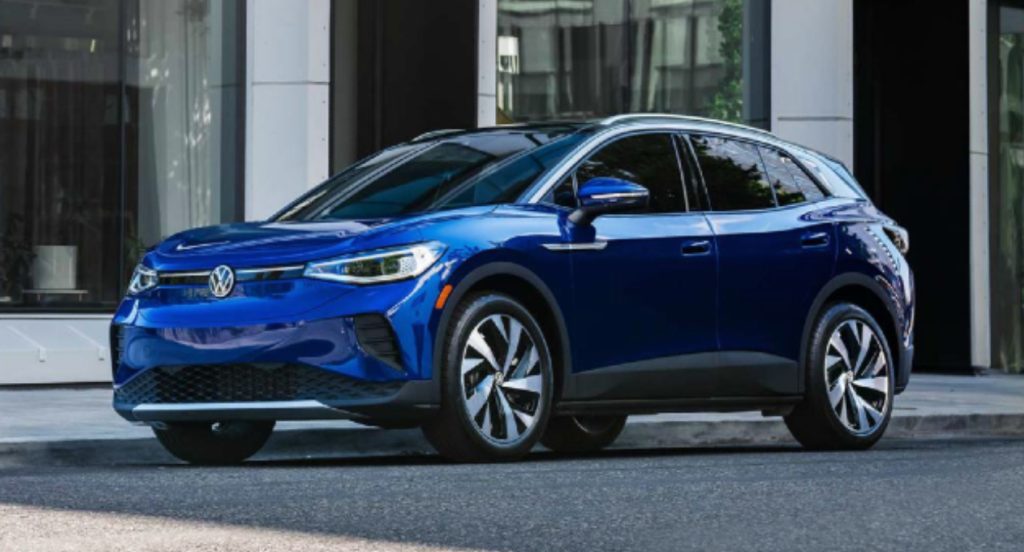 A blue 2022 Volkswagen ID.4 electric SUV is parked.
