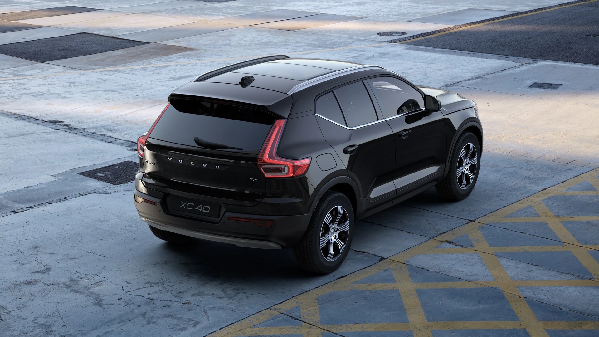 A black 2022 Volvo XC40 from above.